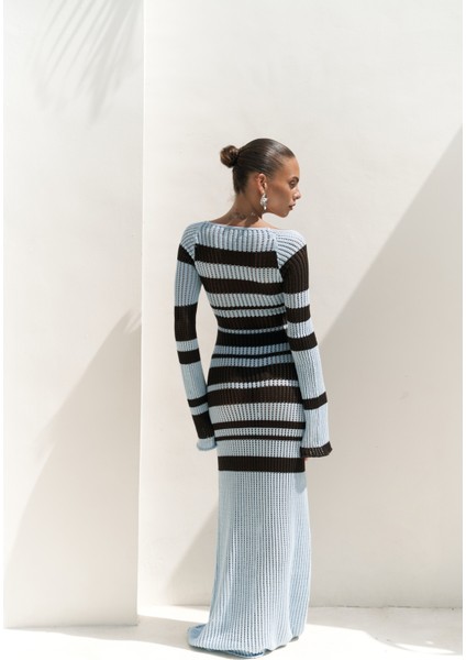 Wora Çizgili Triko Mavi Uzun Elbise