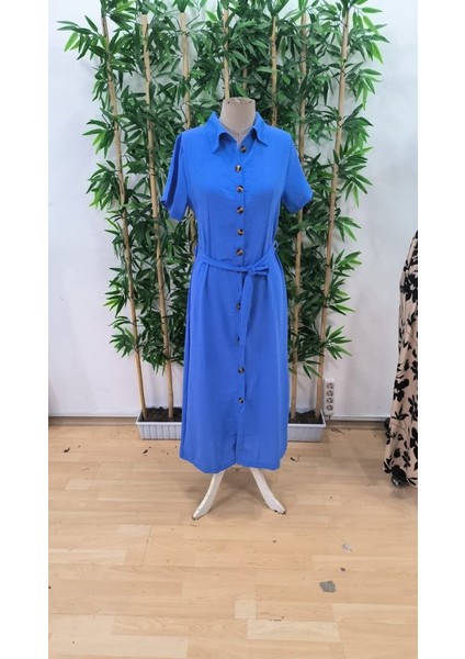 Kadın Kısa Kollu Yakalı Önden Düğmeli Beli Kuşaklı Ithal Keten Elbise Mavi-L-Xl fırsatları