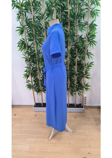 Kadın Kısa Kollu Yakalı Önden Düğmeli Beli Kuşaklı Ithal Keten Elbise Mavi-L-Xl indirimleri