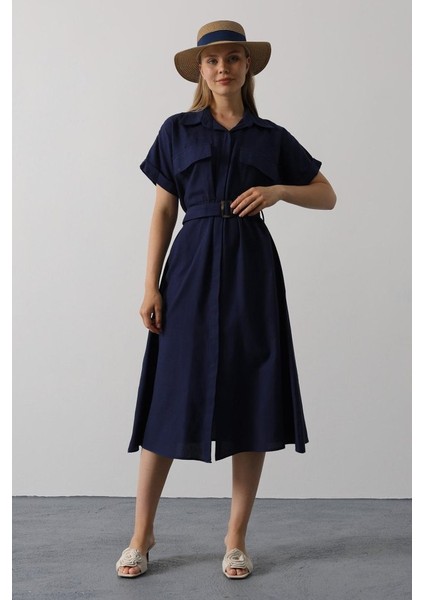 Ipeksi Kuşaklı Cep Detaylı Yarım Kol Elbise - Lacivert modelleri