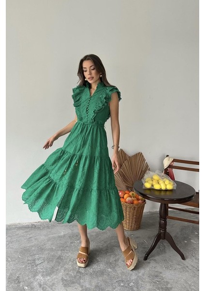 Ipeksi Zümrüt Fırfırlı Düğmeli Elbise modelleri