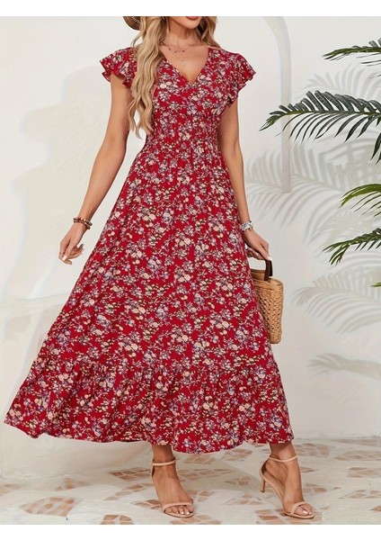 Kadın Kısa Kollu Kruvaze Yaka Beli Lastikli Çiçek Desenli Elbise 2xl-3xl-Kırmızı modelleri