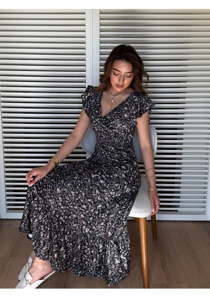 Kadın Kısa Kollu Kruvaze Yaka Beli Lastikli Çiçek Desenli Elbise 2xl-3xl-Siyah