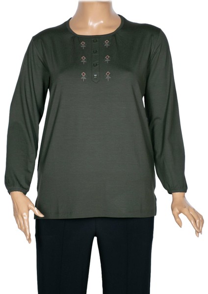 Cimariva Kadın Neşe Büyük Beden O Yaka Robası Nakışlı Haki Bluz