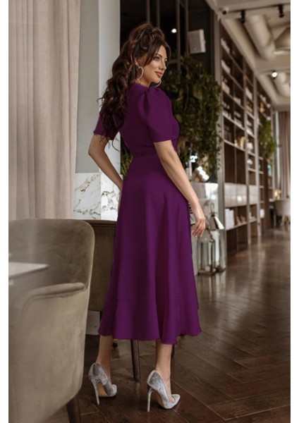 Ipeksi Kadın Kruvaze Yaka Midi Boy Kuşaklı Krep Elbise 120 cm modelleri