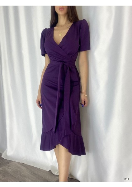 Ipeksi Kadın Kruvaze Yaka Midi Boy Kuşaklı Krep Elbise 120 cm