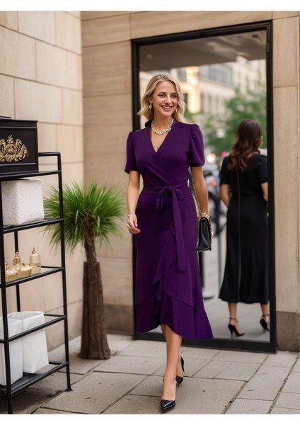 Ipeksi Kadın Kruvaze Yaka Midi Boy Kuşaklı Krep Elbise 120 cm