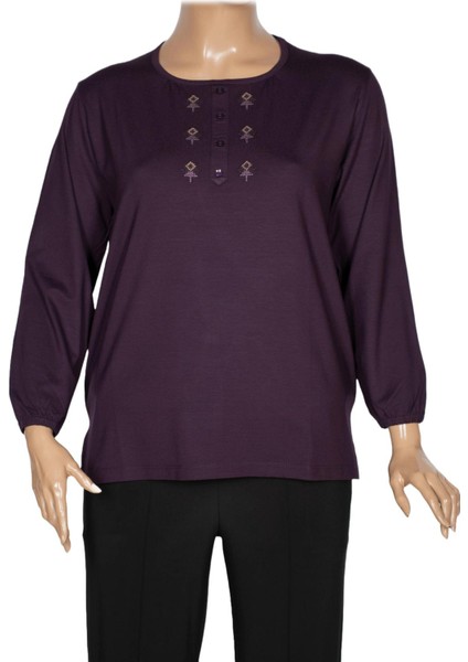 Cimariva Kadın Neşe Büyük Beden O Yaka Robası Nakışlı Mürdüm Bluz