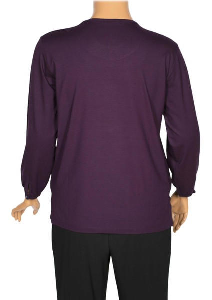 Cimariva Kadın Neşe Büyük Beden O Yaka Robası Nakışlı Mürdüm Bluz modelleri