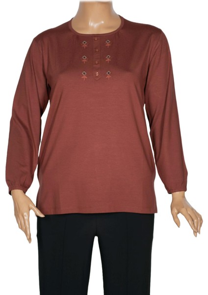 Cimariva Kadın Neşe Büyük Beden O Yaka Robası Nakışlı Taba Bluz