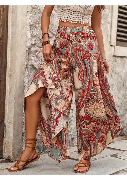 Ipeksi Kadın Yüksek Bel Beli Lastikli Desenli Geniş Paçalı Süprem Pantolon fiyatları