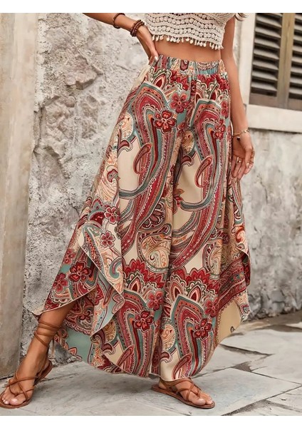 Ipeksi Kadın Yüksek Bel Beli Lastikli Desenli Geniş Paçalı Süprem Pantolon fırsatları