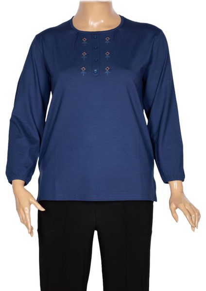 Cimariva Kadın Neşe Büyük Beden O Yaka Robası Nakışlı Indigo Bluz