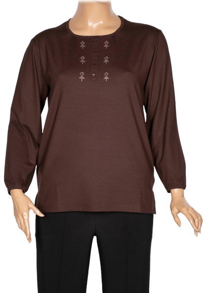 Cimariva Kadın Neşe Büyük Beden O Yaka Robası Nakışlı Kahverengi Bluz