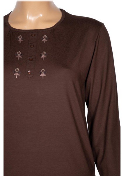 Cimariva Kadın Neşe Büyük Beden O Yaka Robası Nakışlı Kahverengi Bluz fiyatları