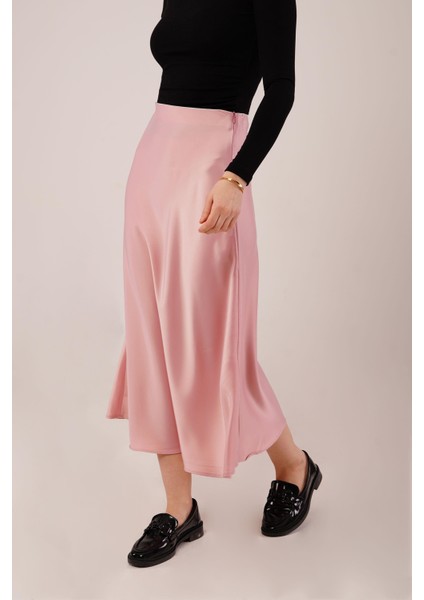Ipeksi Çan Kesim Midi Pembe Saten Etek