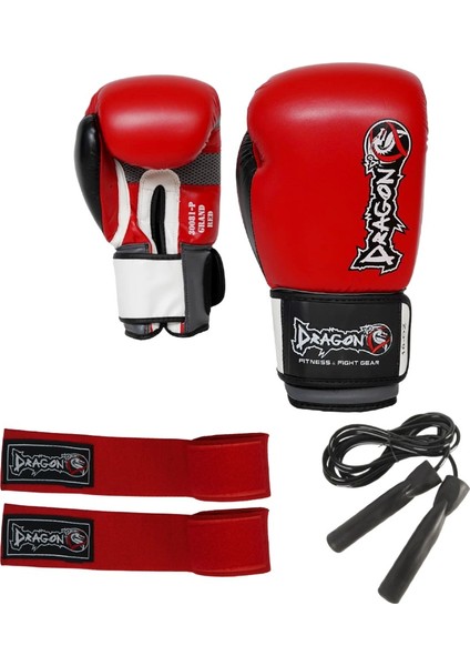 Grand Boks Eldiveni Kırmızı Elastik Boks Bandajı ve Atlama Ipi Kick Boks Set