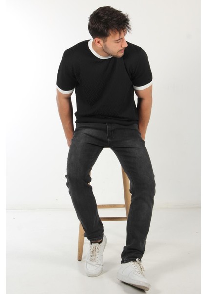 33221 Yaka Kol Ucu Farklı Zikzak Desen Triko T-Shirt