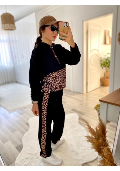 Ipeksi Kadın Uzun Kollu Leopar Detay Sweat ve Yanı Leopar Şerit Detay Pantolon Ikili Takım