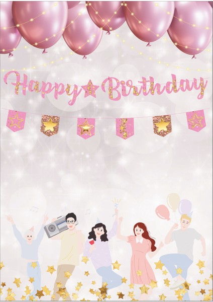 Yıldız Pembe Altın Happy Birthday Kaligrafi ve Banner Set