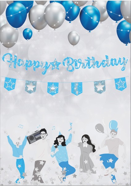 Yıldız Mavi Gümüş Happy Birthday Kaligrafi ve Banner Set