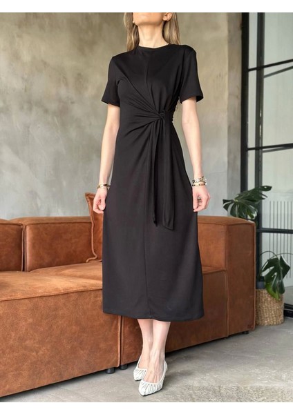 Ipeksi Osy Modal Yumuşak Dokulu Kumaşyandan Bağlamalı Elbise - Siyah fiyatları