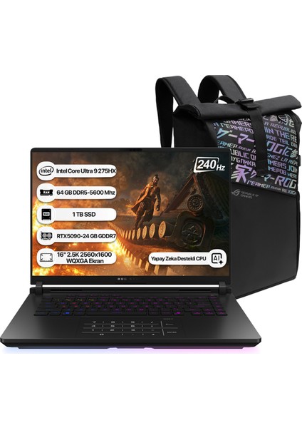 Rog Strix Scar 16 G635LX-RW149 Intel Core Ultra 9 275HX Npu 13TOPS 64GB 1tb SSD RTX5090-24GB Freedos 16" 2.5k 240Hz Wqxga Taşınabilir Bilgisayar
