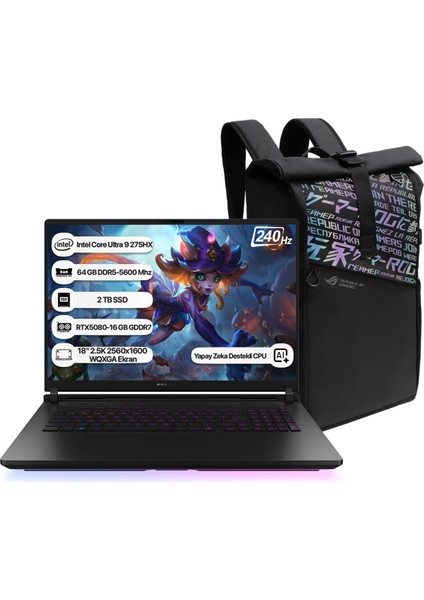 Rog Strix Scar 18 G835LW-SA129 Intel Core Ultra 9 275HX Npu 13 Tops 64GB 2tb SSD RTX5080-16GB Freedos 18" 2.5k 240Hz Wqxga Taşınabilir Bilgisayar