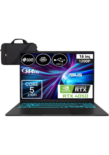 Vivobook 16 V3607VU-EP6 Intel Core 5 210H 48GB 512 SSD RTX4050 6gb Windows 11 Pro 16" Wuxga 144Hz Taşınabilir Bilgisayar + Elektropasaj Çanta