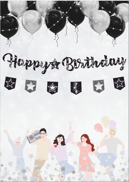 Yıldız Siyah Gümüş Happy Birthday Kaligrafi ve Banner Set