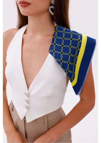 Sarı Lacivert Zincir Desenli - Efes Model Fular Estascarf