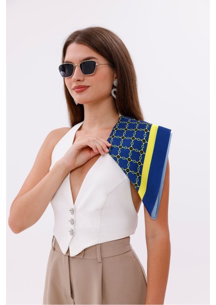 Sarı Lacivert Zincir Desenli - Efes Model Fular Estascarf fiyatları