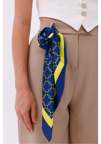 Sarı Lacivert Zincir Desenli - Efes Model Fular Estascarf