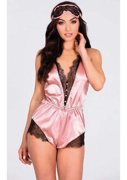 Marsilyan- Pembe Dantelli Sırtı Çapraz Saten Şort Tulum