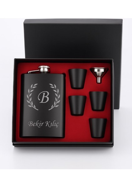 Kişiye Özel Siyah Çelik Matara Hediye Seti Özel Kutusunda Içecek Matarası 4 Shot Bardaklı