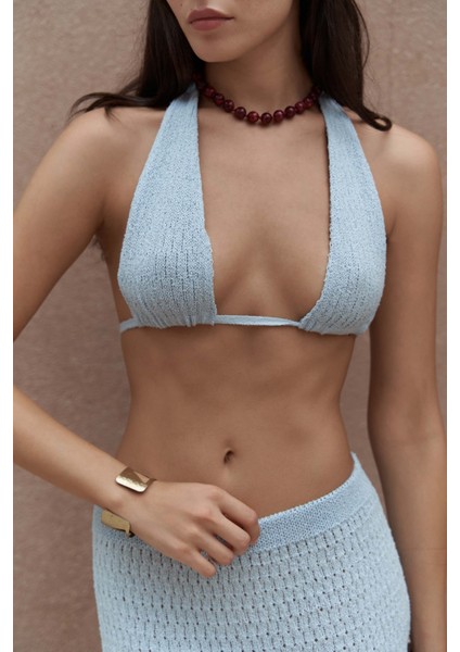 Pangestu Üçgen Mavi Crop Etek Triko Takım