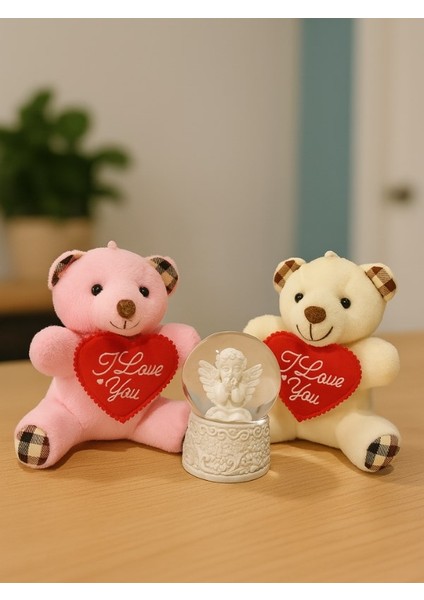 2 Adet Sevimli Mini Peluş Ayıcık ve Mini Melek Kar Küresi Set
