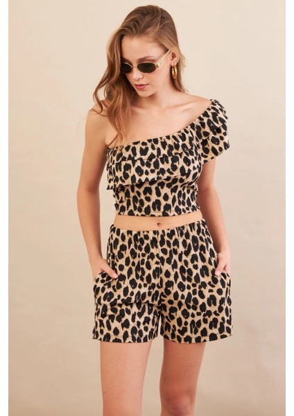 Kadın Camel-Siyah Desenli Crop Şort Takım EV100