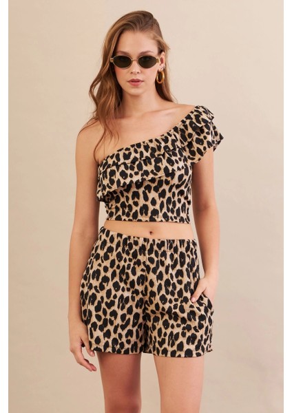 Kadın Camel-Siyah Desenli Crop Şort Takım EV100 fiyatları
