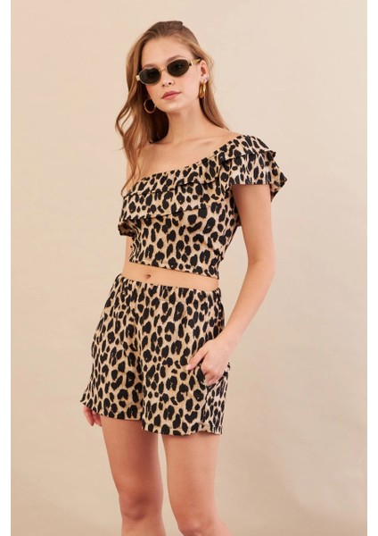 Kadın Camel-Siyah Desenli Crop Şort Takım EV100 modelleri