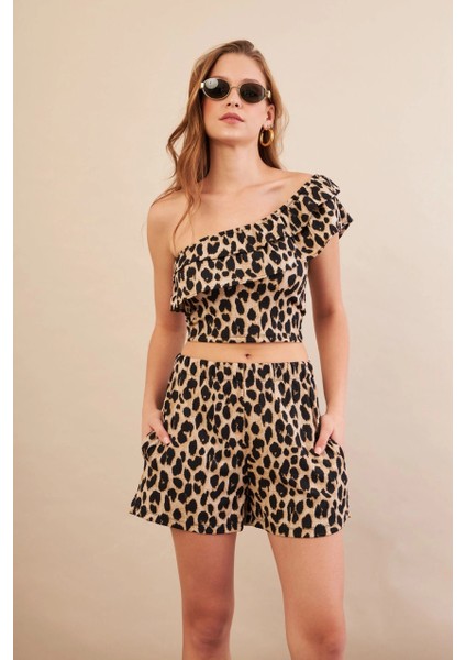Kadın Camel-Siyah Desenli Crop Şort Takım EV100 fırsatları