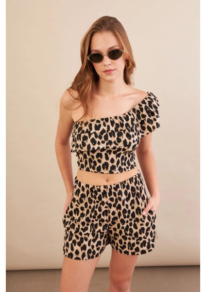 Kadın Camel-Siyah Desenli Crop Şort Takım EV100 indirimleri