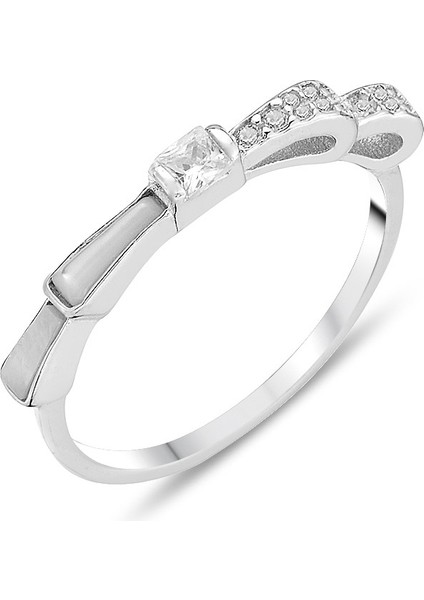 Gümüş Rodyumlu Zirkon ve Sedef Taşlı Dalgalı Fiyonk Yüzük