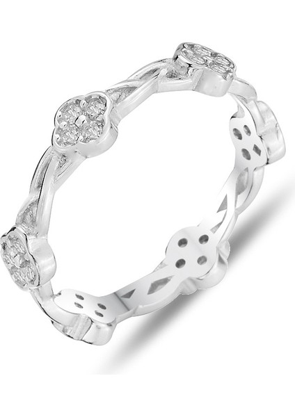 Gümüş Rodyumlu Zirkon Taşlı Örgülü Yonca Tamtur Yüzük