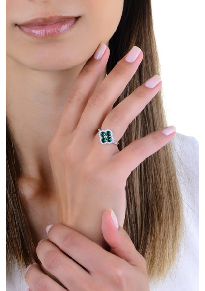 Gümüş Rodyumlu Yeşil Zirkon Taşlı Trifolium Yonca Yüzük