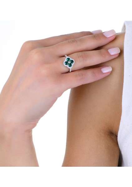 Gümüş Rodyumlu Yeşil Zirkon Taşlı Trifolium Yonca Yüzük fiyatları