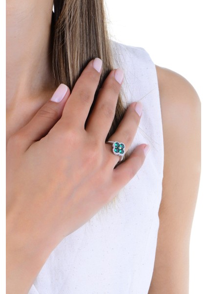 Gümüş Rodyumlu Yeşil Zirkon Taşlı Trifolium Yonca Yüzük modelleri