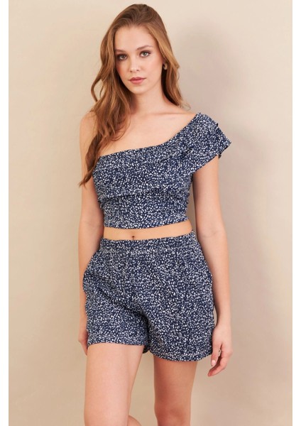 Kadın Lacivert Desenli Crop Şort Takım EV100