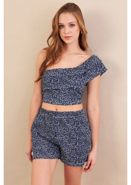 Kadın Lacivert Desenli Crop Şort Takım EV100 fiyatları