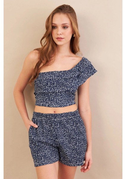Kadın Lacivert Desenli Crop Şort Takım EV100 modelleri